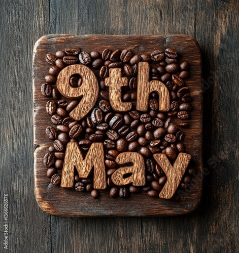 Coffee Beans and Wooden Letters Spelling 9th May on Wood Surface