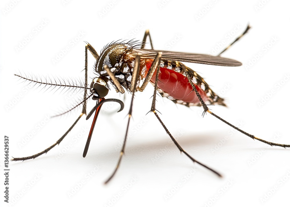 Close-up of Mosquito Feeding with a Full Abdomen on White Background Close-up of Mosquito Feeding with a Full Abdomen on White Background