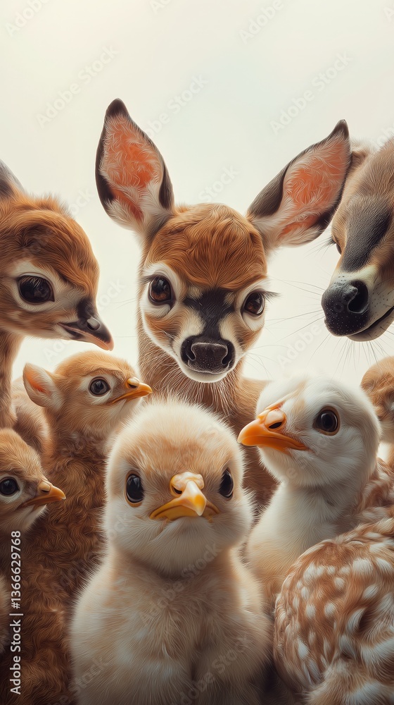 Adorable group of young animals with soft fur and feathers on light background Adorable group of young animals with soft fur and feathers on light background
