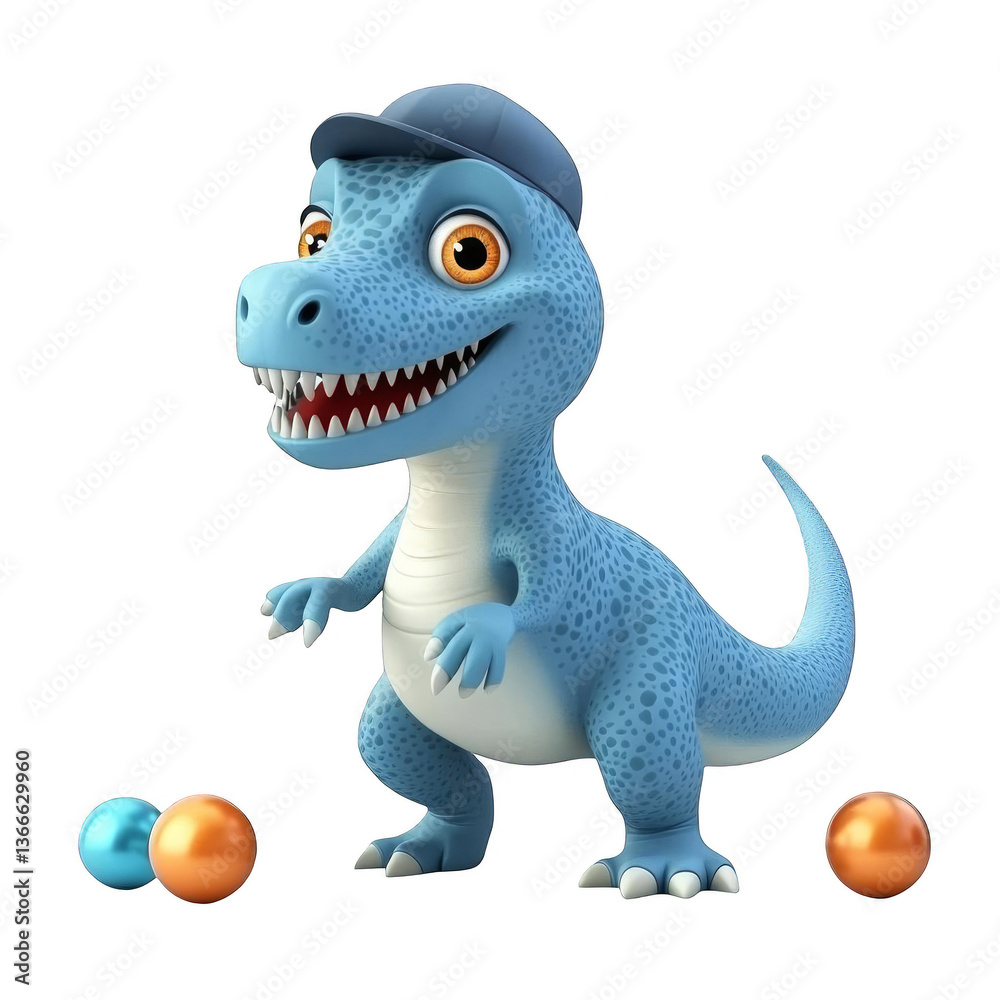 Naklejka premium 3D Illustration Of A Playful Cartoon Blue Dinosaur With Orange Balls and a Cap