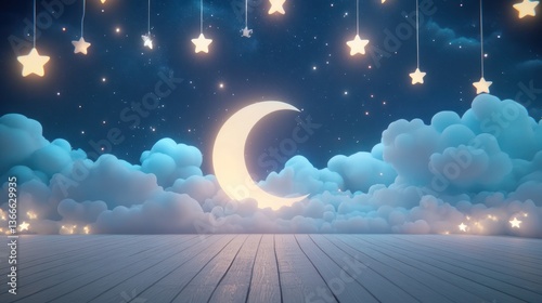 Dreamy night sky, crescent moon, clouds, wooden floor, children's room decor
