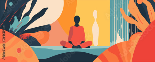 Abstract meditation scene with plants and figure in harmony – vector
