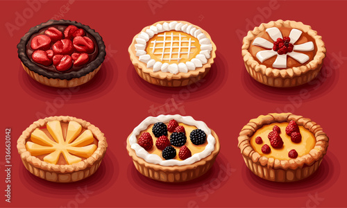 Assorted fruit tarts with various toppings on red background vector