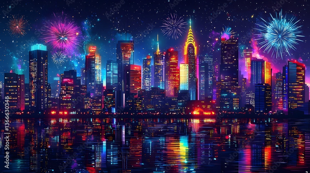 Obraz premium Festive Night Cityscape, Fireworks Reflection