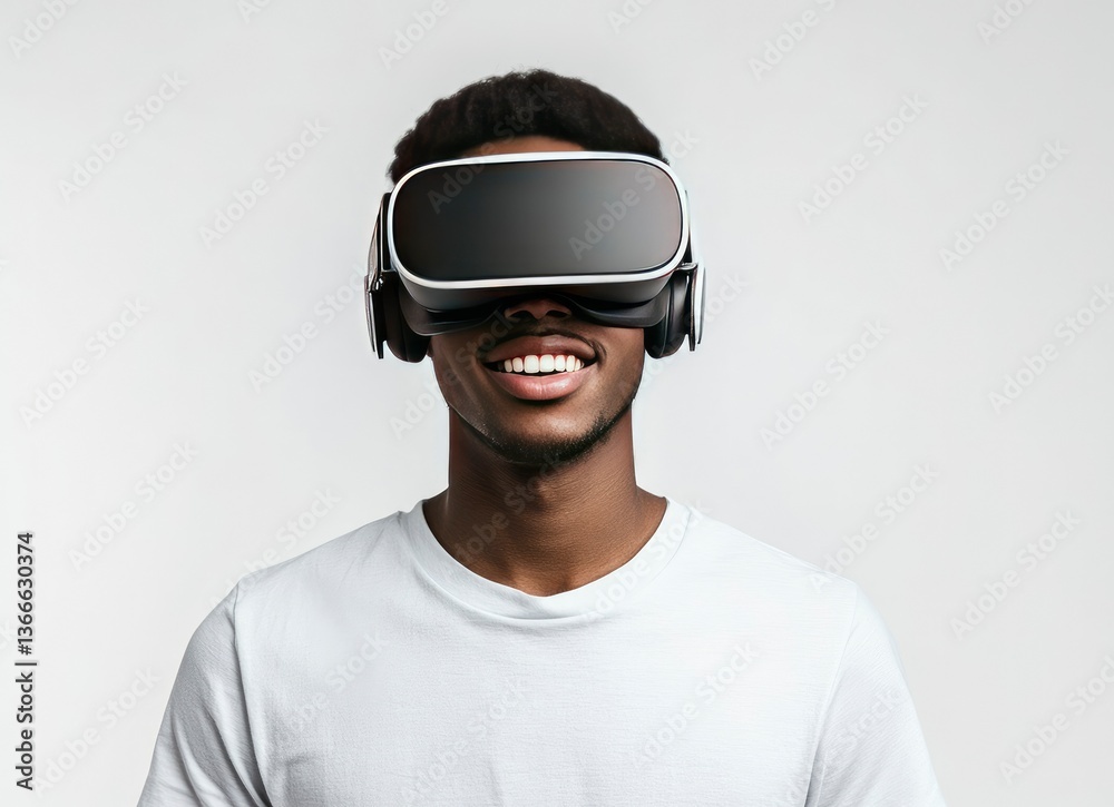 Smiling Man Experiencing Virtual Reality Headset Technology for Immersive Simulation Smiling Man Experiencing Virtual Reality Headset Technology for Immersive Simulation