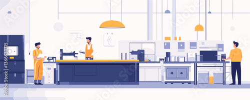 Modern laboratory with scientists working on experiments in a high-tech setting vector