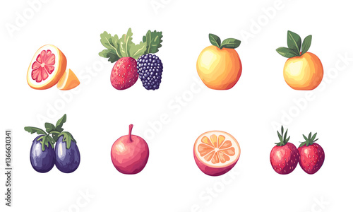 Assorted fruits collection with grapefruit, strawberries, and more on white background - vector