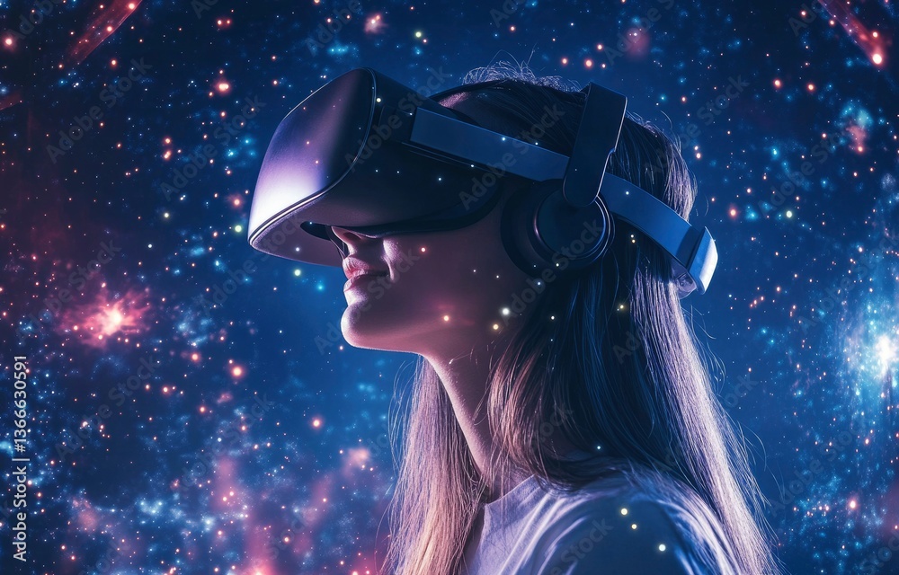 Woman Exploring Virtual Reality with Headset and Digital Network Woman Exploring Virtual Reality with Headset and Digital Network