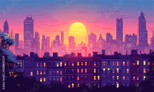 Vibrant sunset behind city skyline with high-rise buildings and stars - vector