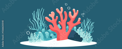 Vibrant coral reef with marine life and seaweed on ocean floor - vector