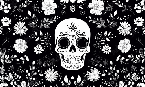 Intricate floral skull pattern on black background, day of the dead theme, vector