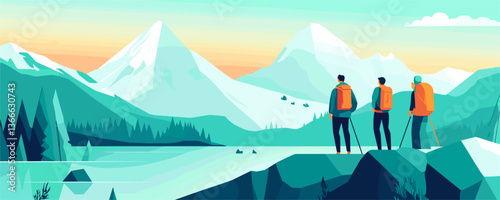 Three hikers admiring snowy mountain landscape at sunrise – vector