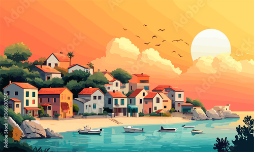 Coastal sunrise in idyllic mediterranean village, colorful seaside scene – vector
