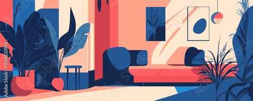 Modern living room with indoor plants and abstract art in flat design - vector