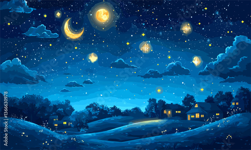 Enchanting night sky with glowing moon, stars, and lanterns above a serene village - vector