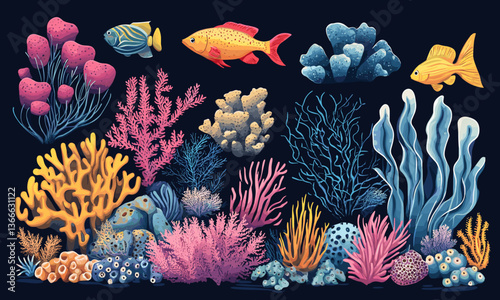 Colorful coral reef with fish and marine plants in ocean scene - vector