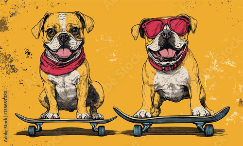 Playful bulldogs skateboarding with style and attitude - vector