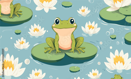 Cute frog on lily pads with white flowers in pond, seamless pattern background - vector
