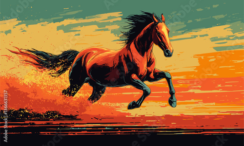 Dynamic running horse across vibrant sunset landscape – vector