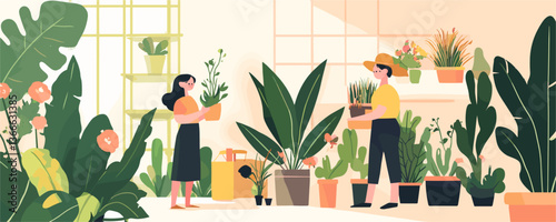 Two people gardening with potted plants in a greenhouse - vector