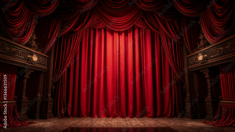 Fototapeta premium Grand Red Theater Stage Draped with Majestic Curtains
