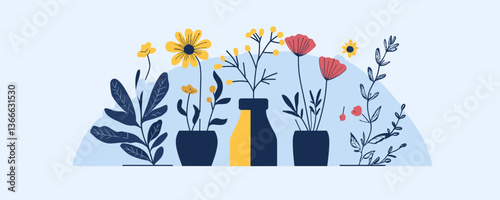 Colorful floral arrangement with vases and wildflowers on soft background - vector