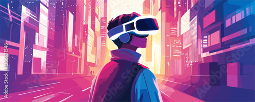 Futuristic urban scene with person wearing vr headset, neon cityscape at sunset, vector