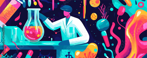 Scientist analyzing chemicals in colorful lab environment vector
