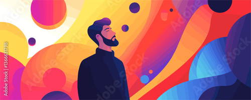 Contemplative man against vibrant abstract background vector