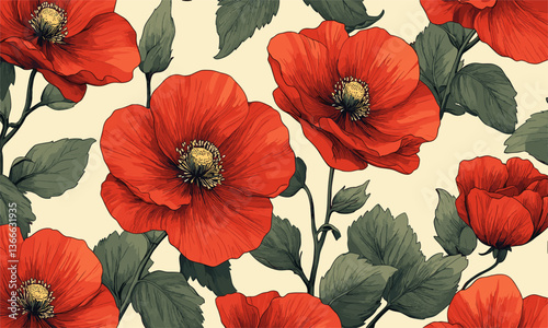 Seamless pattern of red poppies and green leaves on beige background, vector