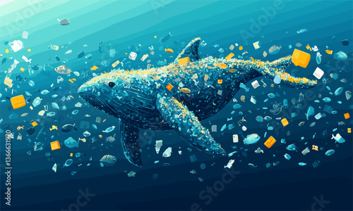 Digital image of a whale surrounded by ocean pollution and plastic debris - vector