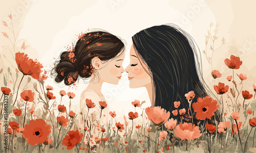 Mother and daughter sharing a tender moment in a poppy field - vector
