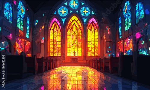 Colorful stained glass windows in grand cathedral interior, vibrant light effects - vector