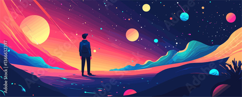 Person gazing at a vibrant cosmic landscape with planets and stars vector