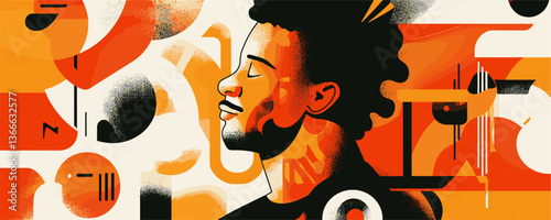 Abstract portrait of smiling man amidst vibrant geometric patterns - vector