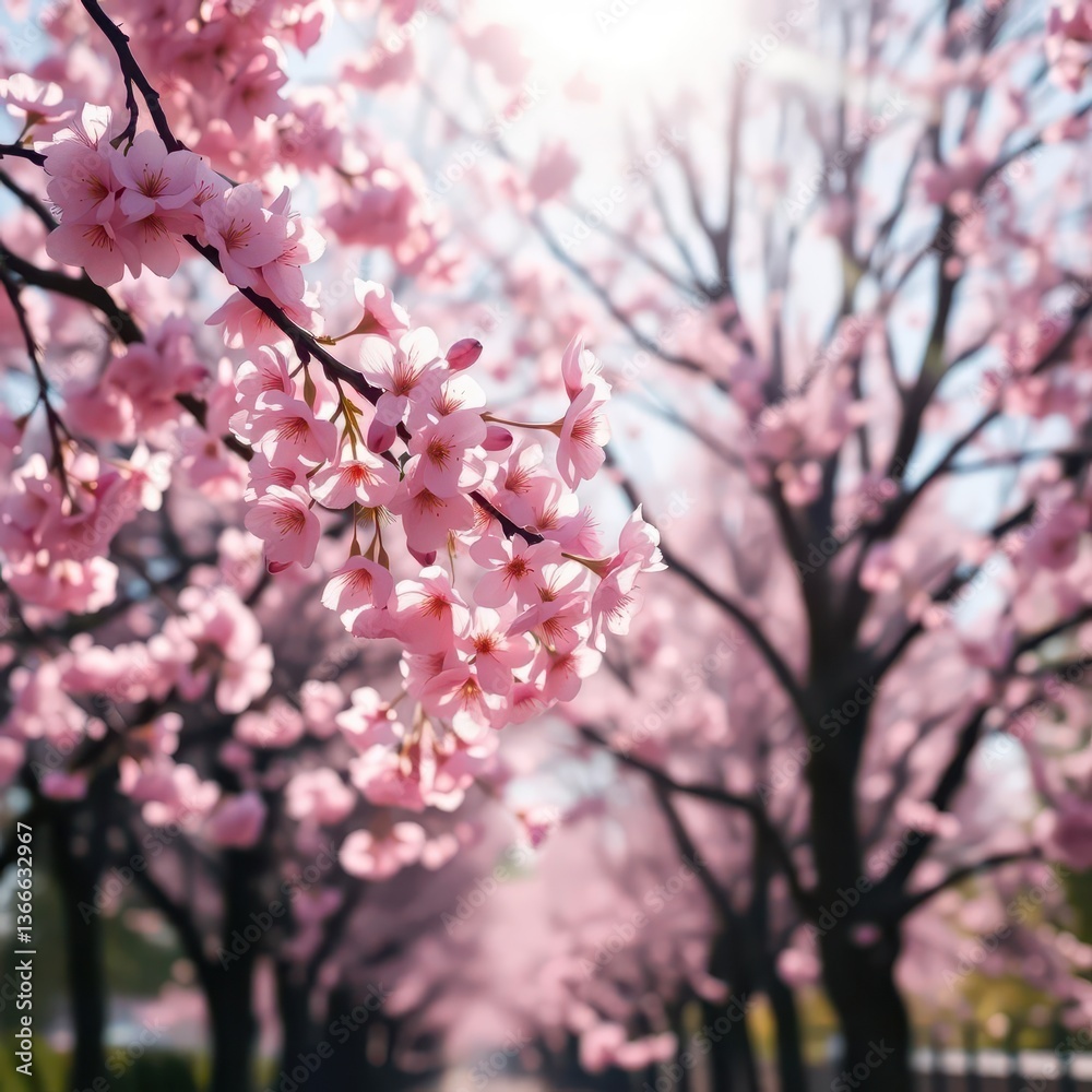 Obraz premium Delicate pink cherry blossoms dancing on a gentle breeze beneath sun-drenched trees, breeze, bright, oriental