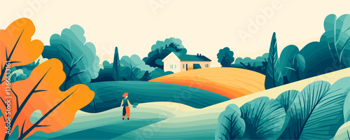 Serene countryside landscape with house and woman under vibrant trees, artistic vector