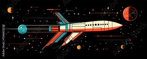Retro futuristic spaceship in space with planets and stars on black background, vector