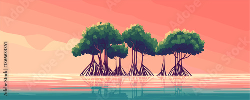 Sunset scene of scenic mangrove trees on calm water - vector