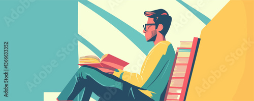 Man reading book on chair with modern art background, vibrant colors vector