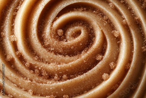 Close-up of cinnamon roll with spiral texture and sweet glaze