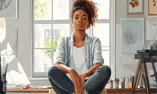 Peaceful young woman seated in art studio with natural light, vector