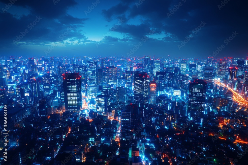 Panoramic night view of glowing city skyline with illuminated skyscrapers Panoramic night view of glowing city skyline with illuminated skyscrapers