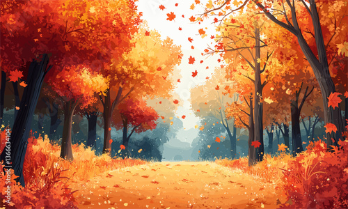 Scenic autumn forest path with falling leaves and vibrant foliage, vector
