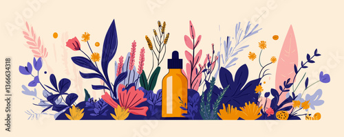 Colorful botanical arrangement with essential oil dropper bottle - vector