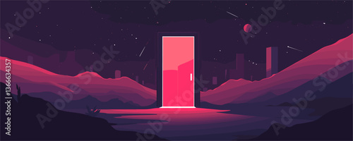 Futuristic night scene with glowing doorway in mountainous landscape - vector