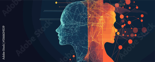 Dual human profiles with digital network connections in vibrant colors - vector