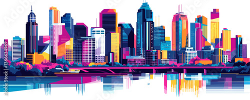 Colorful urban skyline reflecting in water with abstract geometry, cityscape vector