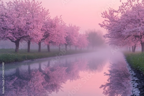 Cherry trees in bloom with reflection in calm water under pink sky