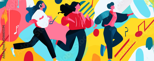 Colorful dance party with three women in motion on abstract background, vector
